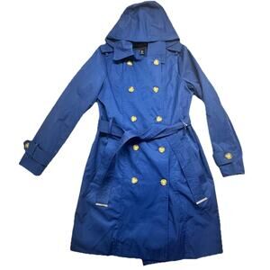 Rachel Zoe Size L Blue Trench Coat Double Breasted Removable Hood Lined